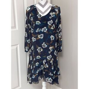 CAbi Blue Pirouette Floral Chiffon double Ruffle Dress